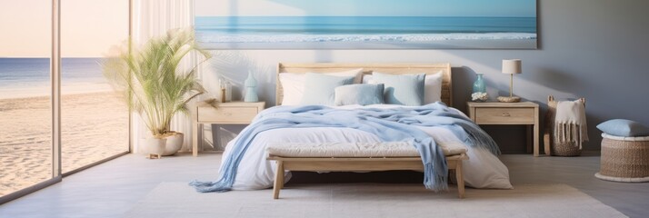 Serene coastal bedroom interior with beach view, soft pastel hues, and contemporary decor