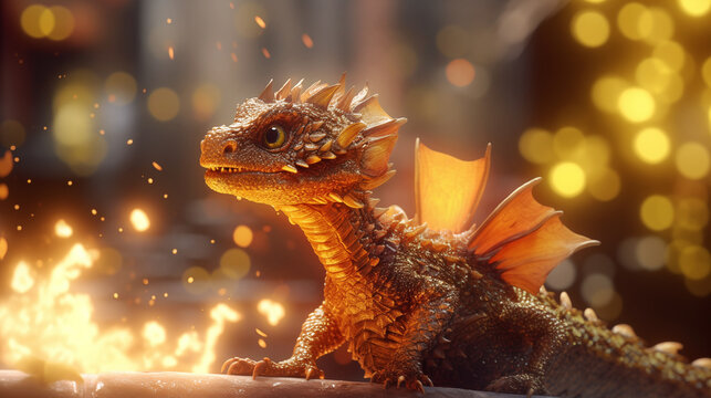 A mighty winged baby dragon after breathing fire.