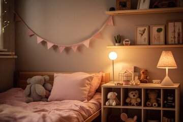 Warm and cozy child's bedroom interior with soft lighting, plush toys, and decorative wall art