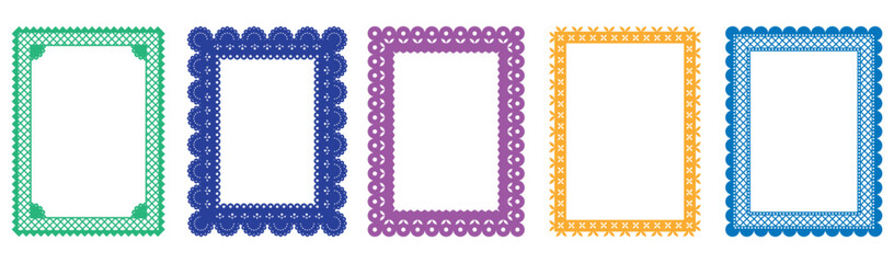 Papel picado rectangle frames. Traditional mexican style cut out templates for greeting card, banner, flier. Vector illustration.