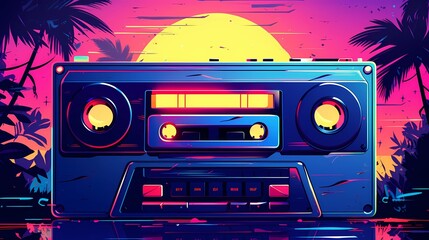 Cassette tape in neon colors, retro design, old music carrier