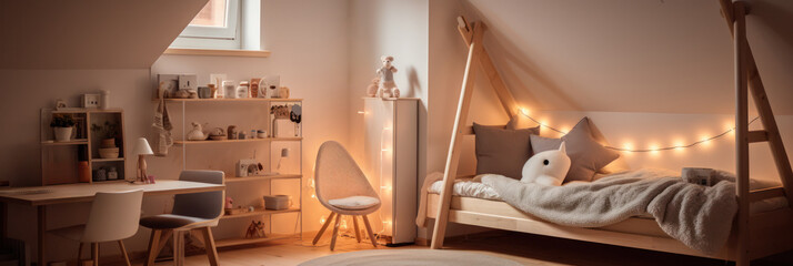 Warm and cozy child's room interior with modern furniture, ambient lighting.