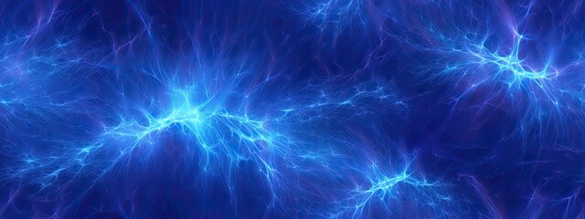 Seamless dark blue background with electric glowing lightning flares effect. Tileable magical neon energy field burst, plasma storm pattern. Powe, electricity concept backdrop - obrazy, fototapety, plakaty