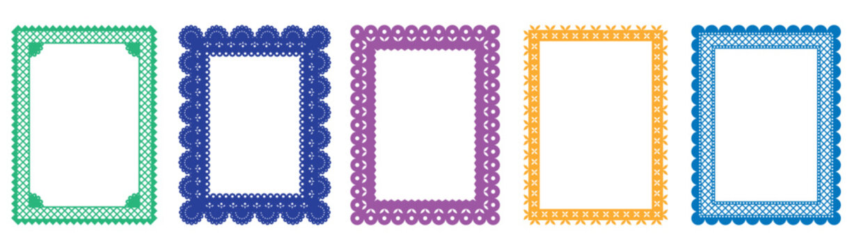 Papel picado rectangle frames. Traditional mexican style cut out templates for greeting card, banner, flier. Vector illustration.