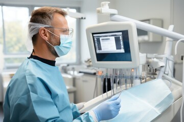 The patient talked with the dentist about oral health showing an x-ray on the monitor. Orthopedist wearing a protective mask