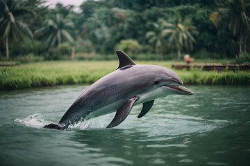 A Majestic Dolphin Navigating a Peaceful River, Set Against a Backdrop of Greenery