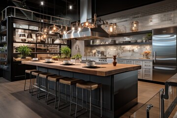 Stylish modern kitchen featuring open shelving, stainless countertops, and ambient lighting over a wooden-topped island with bar stools