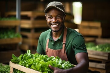 Fototapeta premium organic food grower showing crate with fresh lettuce production ready for delivery to local