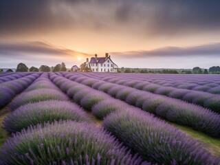 a house in a field of lavender field with a cloud sky in the background and a house in the distance