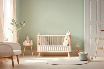 Scandinavian-inspired nursery room soft green walls, wooden furnishings, and playful toy accents.