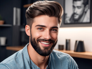 Man getting hair and beard done in a barbershop.