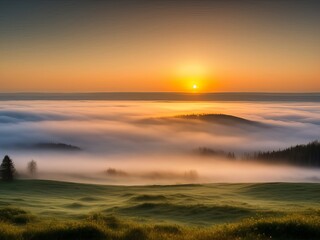 nature, landscape, field, sunrise, fog 