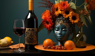 Still Life with Wine Bottle, Glass, and Orange Flower