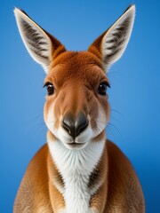 a kangaroo a suit looking at the camera, animal photography, art photography, blue backgr