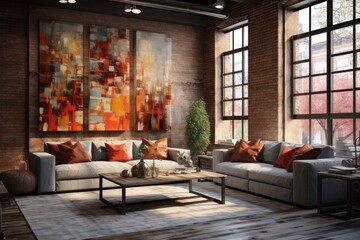 loft-style apartment with abstract art, brick walls, and a picturesque window view cherry blossoms.