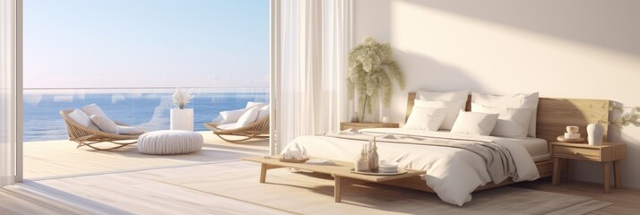 Elegant coastal bedroom interior mockup with ocean view, soft morning light, and modern decor