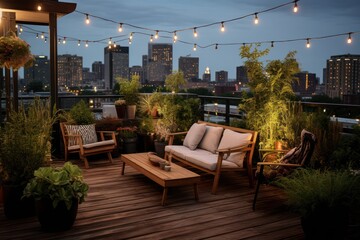 Chic urban terrace with cozy seating, twinkling string lights, greenery against city skyline at dusk - obrazy, fototapety, plakaty