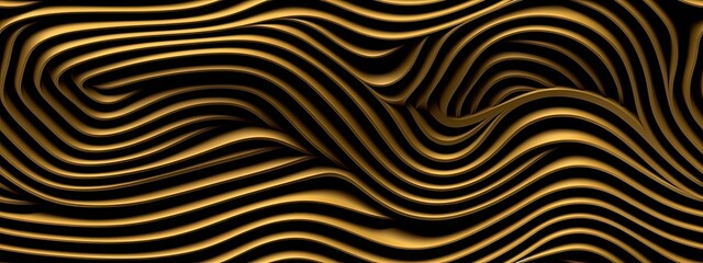 Seamless golden striped wave pattern. Vintage abstract gold plated relief sculpture, black background. Modern elegant metallic luxury backdrop. Maximalist gilded wallpaper