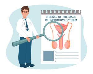Fototapeta na wymiar A male doctor with a magnifying glass examines the diseases of the male reproductive system. Medical healthcare concept. Vector