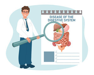 A male doctor with a magnifying glass examines diseases of the digestive system. Medical healthcare concept. Vector