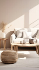 Scandinavian interior cozy sofa corner , creating a serene minimalistic design mock-up