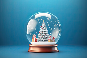 Fototapeta na wymiar Christmas snowy glass ball with fir tree, snowflakes, and decorations on a light blue background. Greeting card, copy space