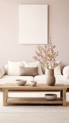 Elegant interior showcasing cozy sofa, neutral decor, wooden coffee table, soft pink backdrop.