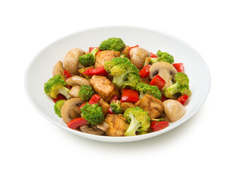 Keto low carb chicken stir fry with bell peppers, mushrooms, ginger and broccoli in a salad bowl  isolated on white background. - 671698565
