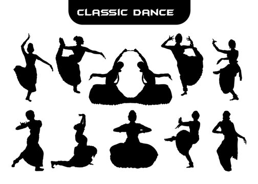 Hand Drawn Vector Traditional Asian Classic Dance Bharatayam of India Simple Silhouette Icon, Symbol pose isolated background