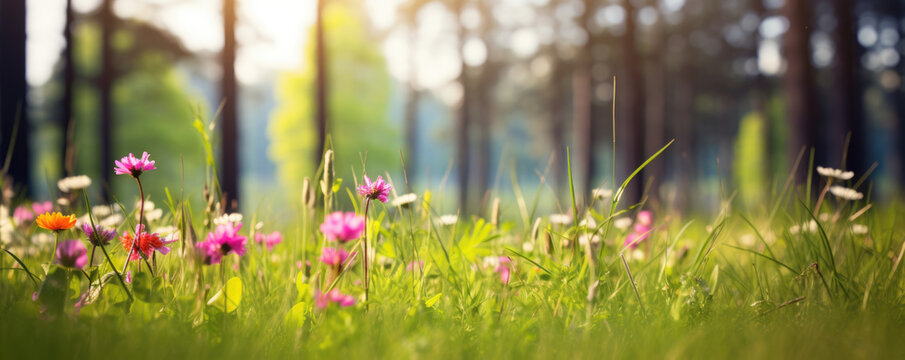 The landscape of colorful flowers in a forest with the focus on the setting sun. Soft focus	