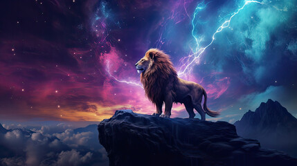 Obraz premium A regal lion roaming under the vivid, aurora-filled night sky Ai Generative