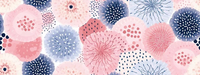 Foto op Canvas Seamless pastel pink polkadot floral fabric pattern. Abstract cute aboriginal dot art flowers background texture. Girl's birthday, baby shower, nursery wallpaper design. © Eli Berr