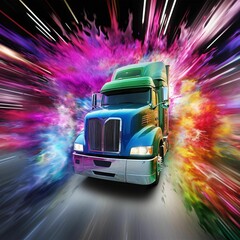 AI generated illustration of a vibrant pickup truck driving through colorful smoke - obrazy, fototapety, plakaty