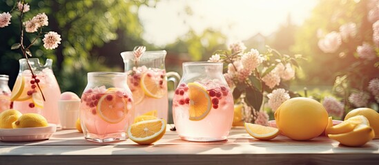 Outdoor party drink setup with themed decor and homemade fruit infused lemonade in small bottles - obrazy, fototapety, plakaty
