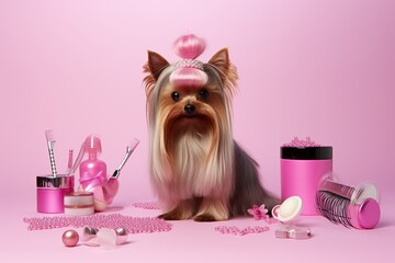 Yorkshire Terrier with a pink hairstyle and accessories on a pink background.