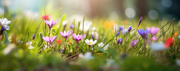 The landscape of colorful flowers in a forest with the focus on the setting sun. Soft focus 