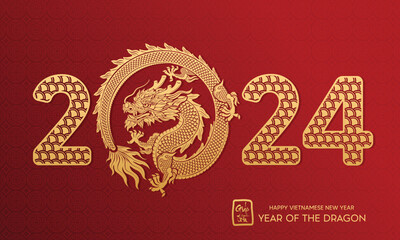 Happy Vietnamese new year 2024 . Year of the dragon zodiac sign, asian elements gold paper cut style on color Background. (Translation : Happy new year) - obrazy, fototapety, plakaty