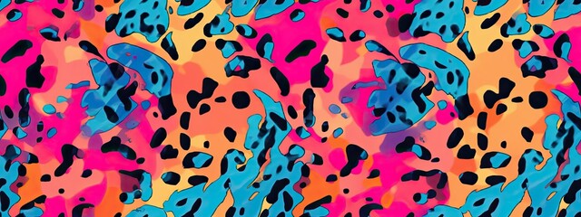 Seamless pop art grunge marbled animal print background pattern. Trendy vibrant gender neutral 80s neon pink, orange blue dopamine dressing textile. Contemporary urban tie dye fabric texture - obrazy, fototapety, plakaty