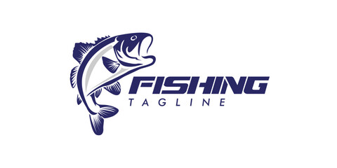 fish logo for fishing business bass jump out of the water hook strike hunt - obrazy, fototapety, plakaty
