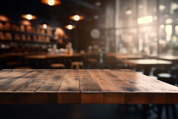 blurred coffee shop backdrop with wooden table. Generative AI
