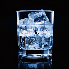Ice cubes in a glass with crystal clear water on a black background. Refreshing and healthy water on hot days