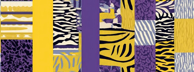 Seamless pop art safari stripes woodcut patchwork squares background pattern. Trendy gender neutral violet yellow dopamine dressing textile swatch. Contemporary fashion fabric texture