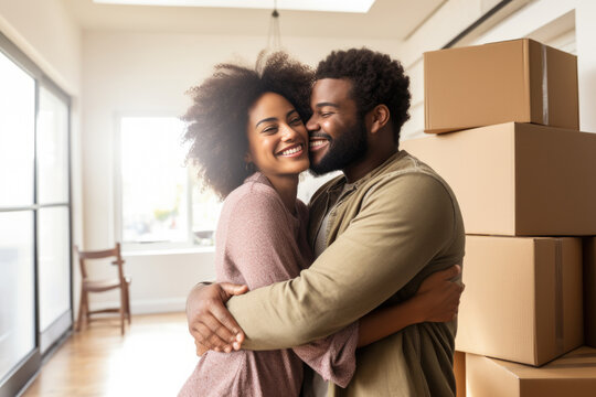 Young couple in room with moving boxes at new home. AI Generated