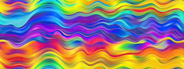 Fototapeta premium Seamless psychedelic rainbow heatmap molten wavy glass refraction stripes pattern background texture. Trippy hippy abstract dopamine fashion motif. Colorful neon retro wallpaper backdrop