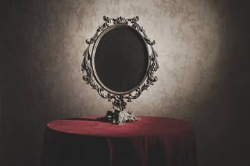 surreal and ancient mirror in a room, abstract concept