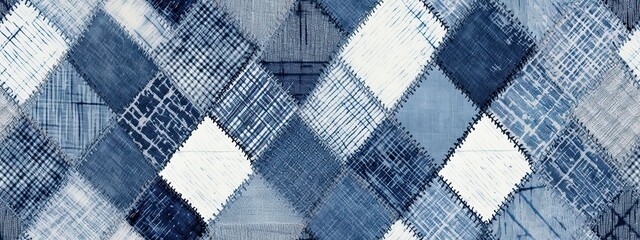 Seamless scribbled crosshatch patchwork squares pattern, indigo blue white. Textile background texture