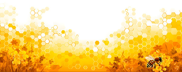 Golden background with honeycomb pattern, bright flowers, and a bee. It looks warm and related to nature - obrazy, fototapety, plakaty