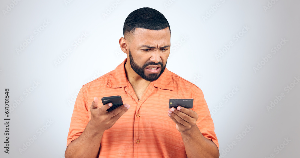 Poster man in studio with phone, credit card and frustrated with connection problem, debt or glitch. fintec