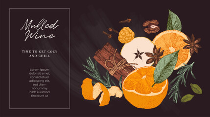 Christmas banner for menu with mulled wine and hot drinks ingredients. Winter holiday food with copy space for text. Set with fruits and spices. Hand drawn vector illustration - 671701770