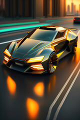 futuristic speed car with headlights on in green and yellow neon, Ai